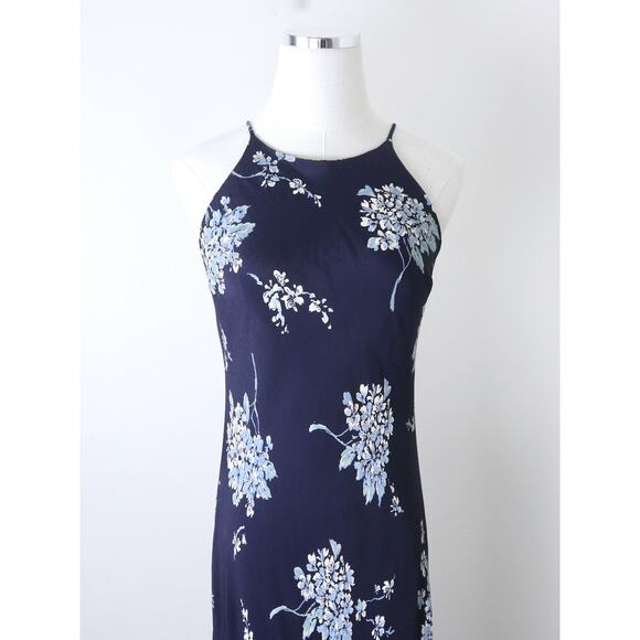 Vintage 1990s Size 4 Rayon Slinky Maxi Dress Navy Blue Floral Print - Picture 3 of 10